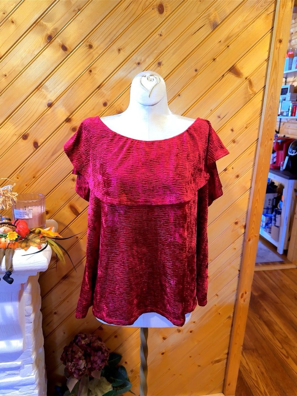 Knox Rose Burgundy Crushed Velvet Ruffle Sleeve Top Size Large